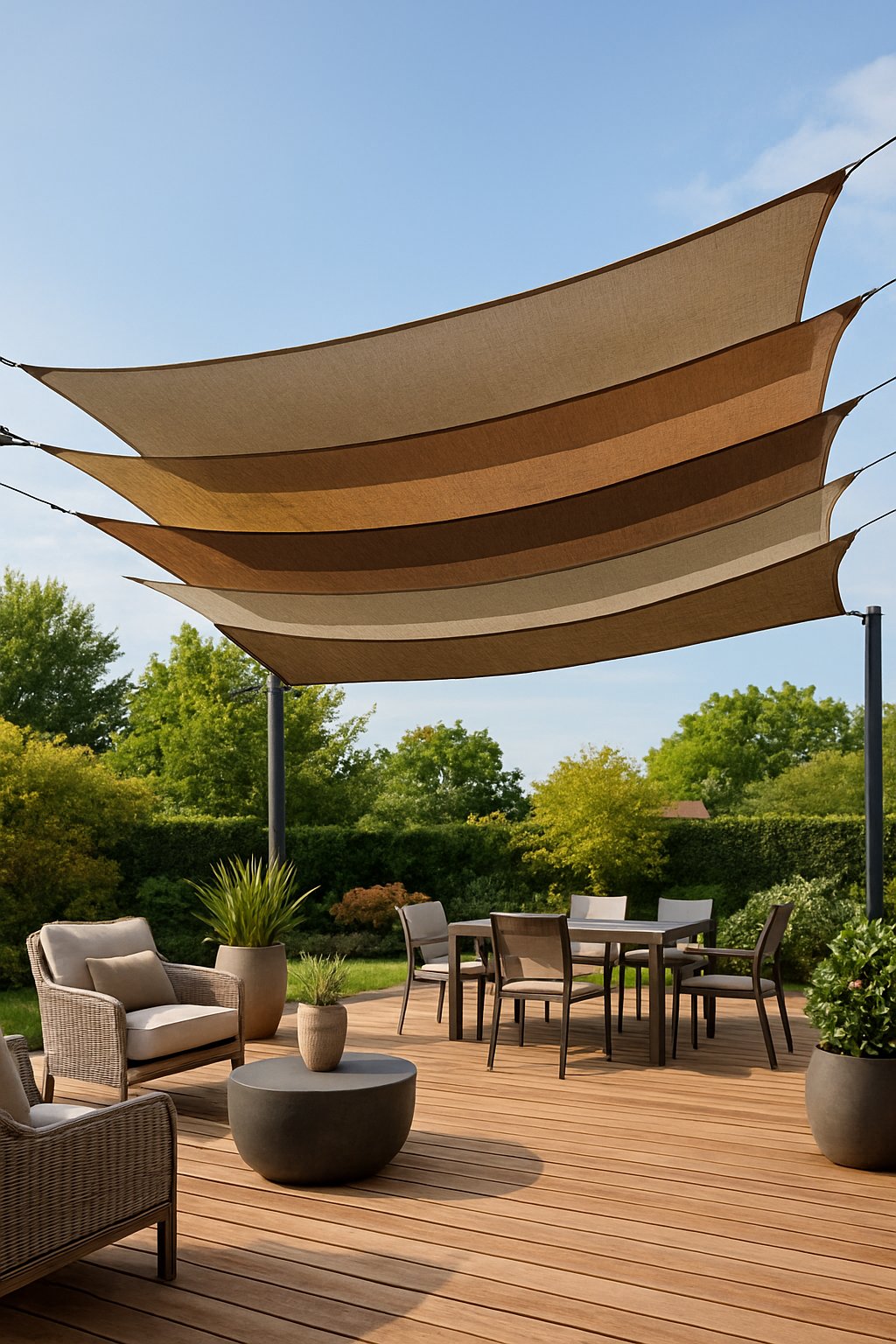 A backyard deck with a layered fabric canopy providing shade over outdoor furniture surrounded by plants.
