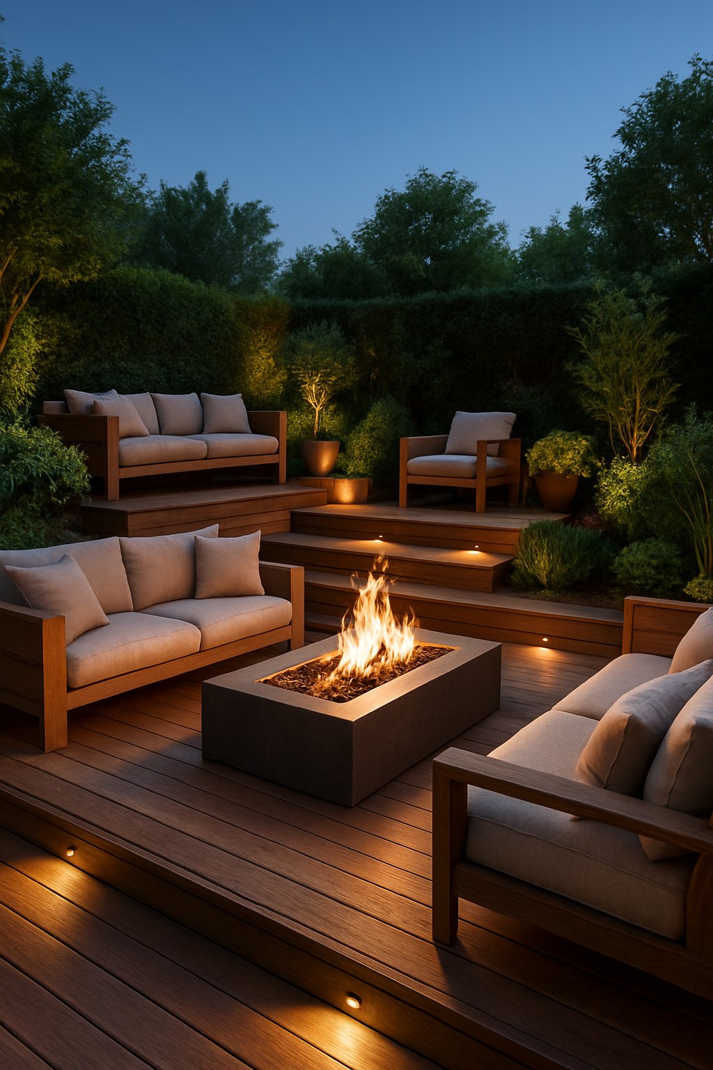 A multi-level wooden outdoor deck with a central fire pit surrounded by seating and plants during early evening.