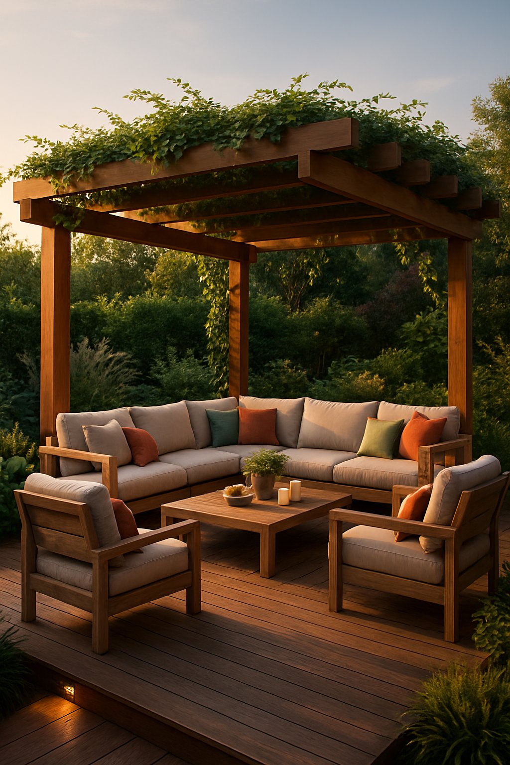 A wooden deck with a pergola-covered lounge area featuring comfortable seating, plants, and ambient lighting in a garden setting.
