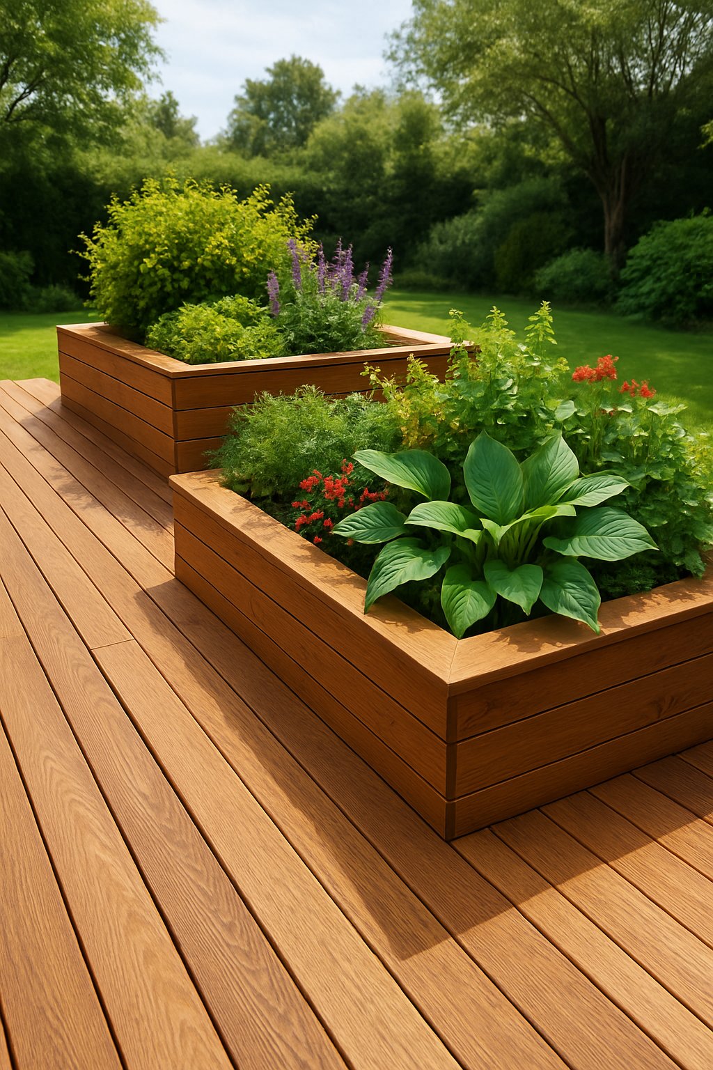 A wooden outdoor deck with built-in planter boxes filled with green plants and flowers, surrounded by a garden setting.