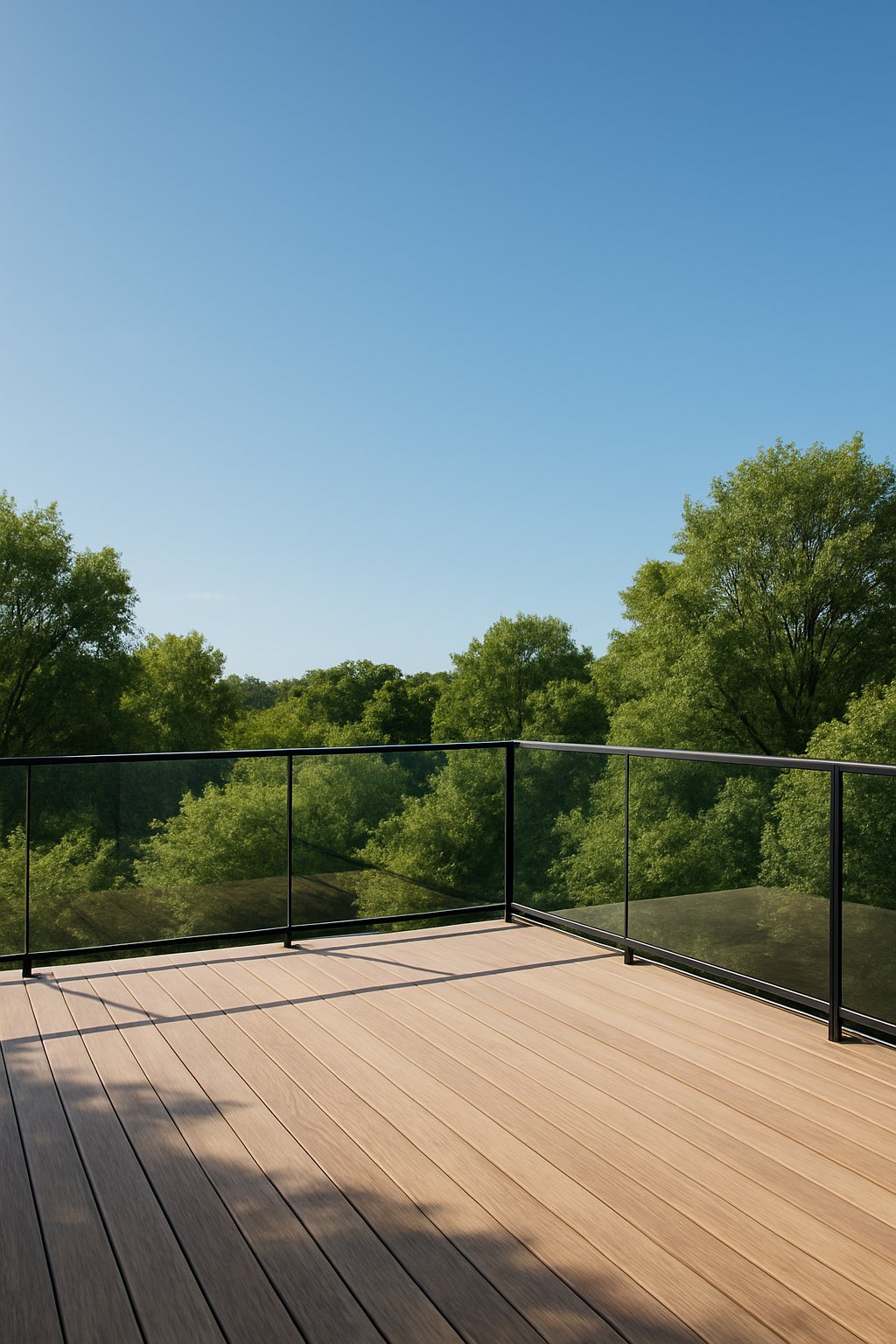 A spacious outdoor wooden deck with a clear glass railing overlooking green trees and a blue sky.