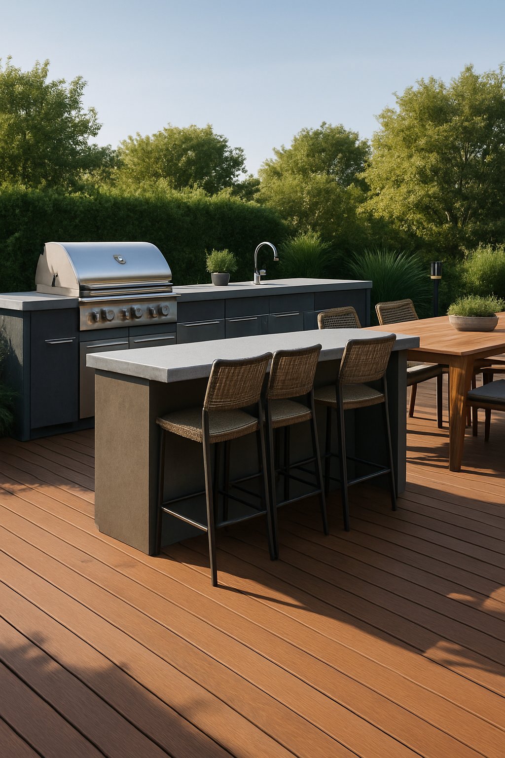 Outdoor wooden deck with a modern kitchen setup including a grill, countertop, bar stools, and a dining table surrounded by plants.
