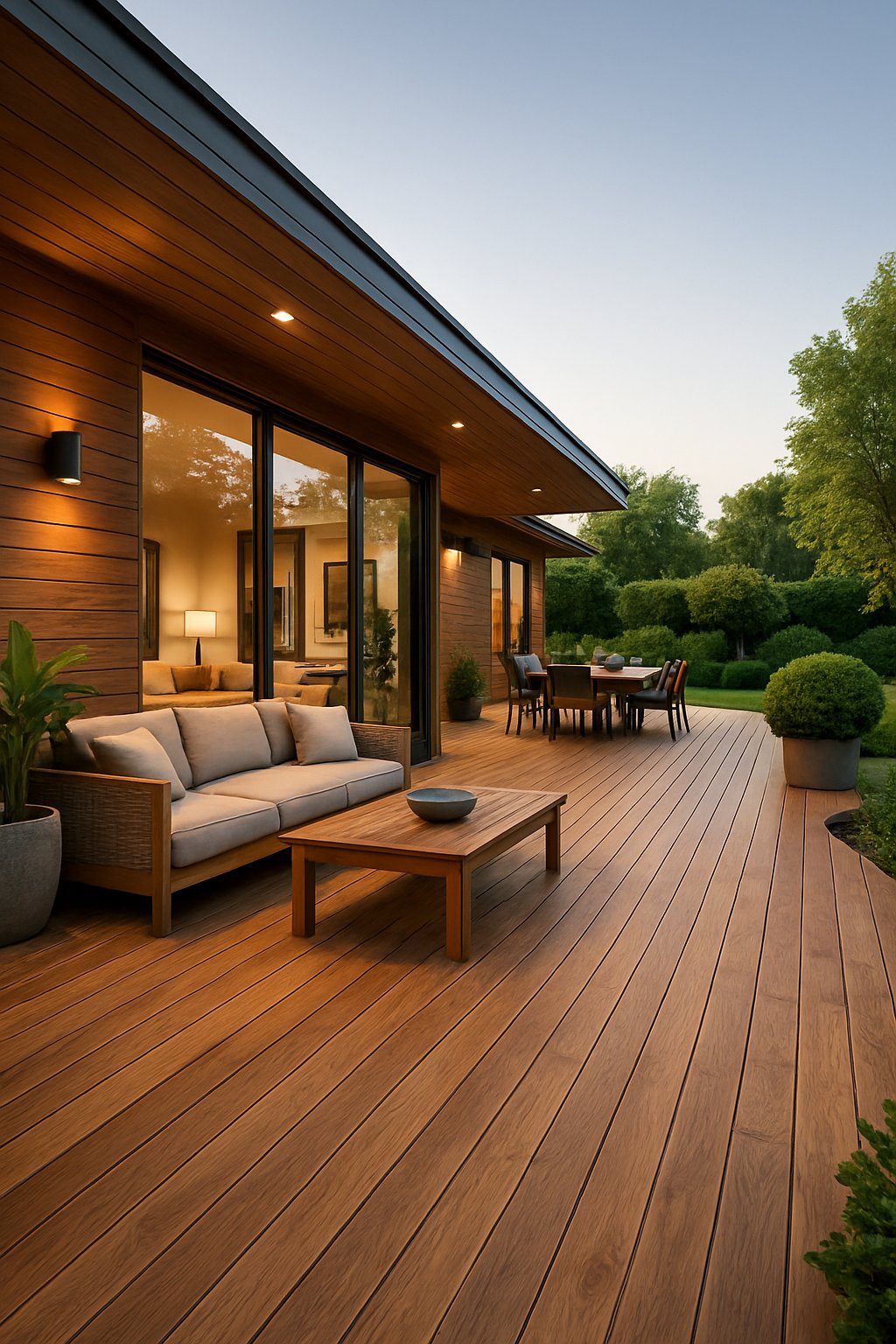 A spacious wooden wrap-around deck surrounding a modern house with outdoor seating, dining area, plants, and garden in the background.