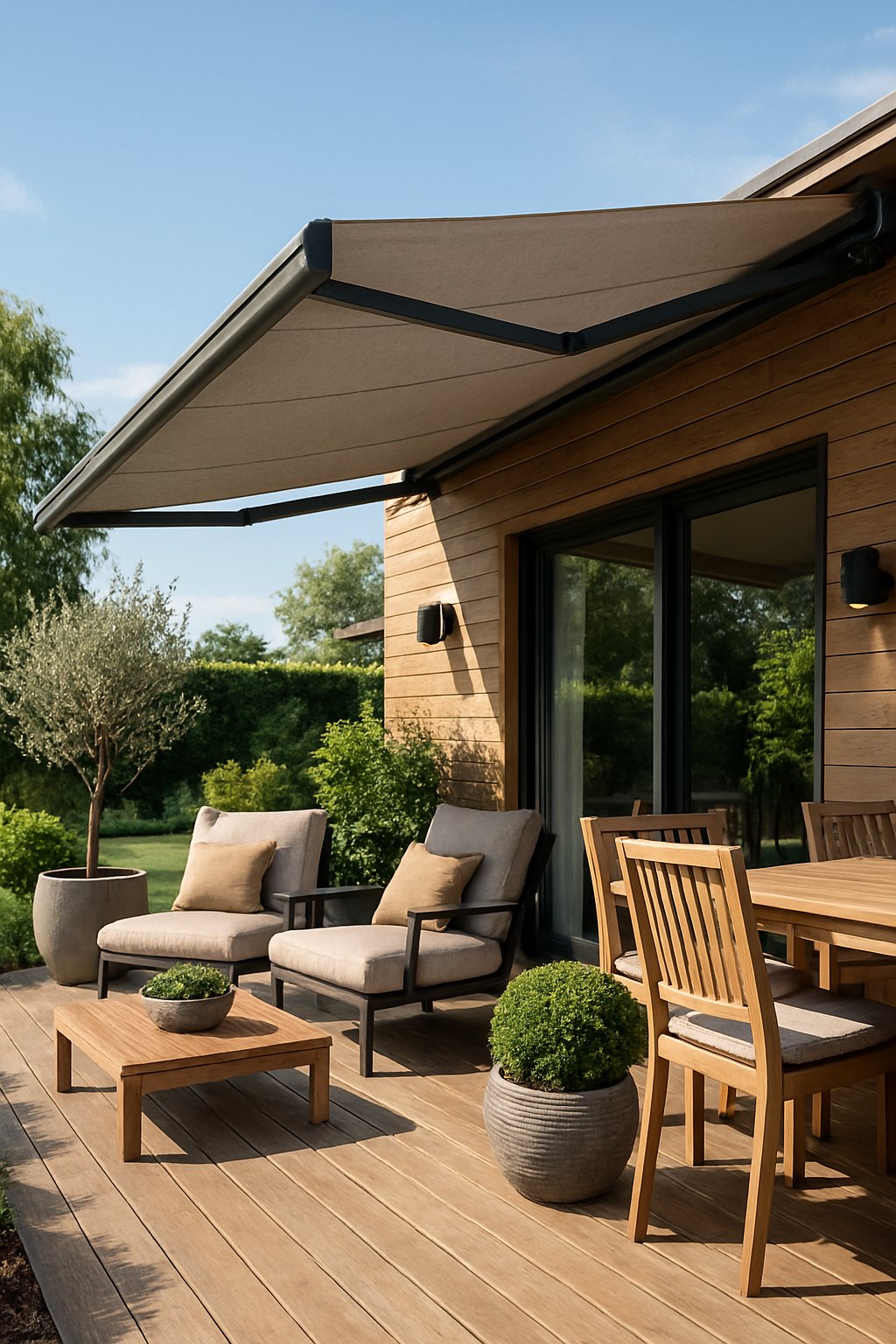 An outdoor deck with a retractable awning partially extended, featuring comfortable seating, a dining table, potted plants, and a garden in the background.