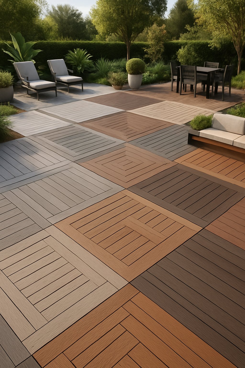 An outdoor scene displaying 26 different composite wood decking designs with various layouts, surrounded by plants and outdoor furniture.