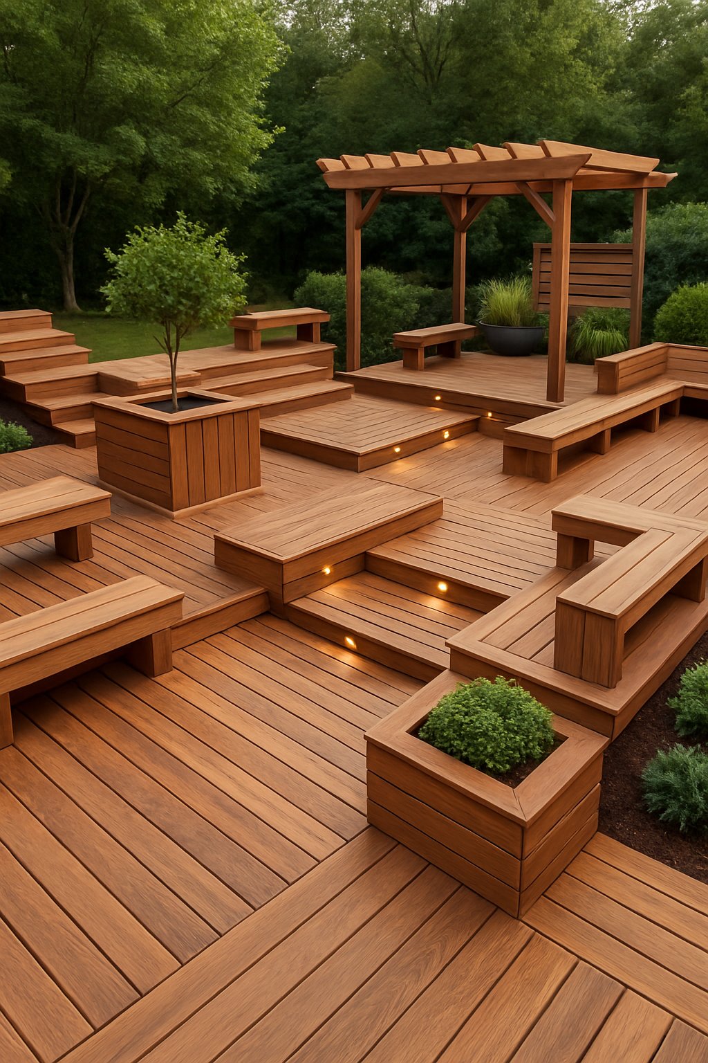 A spacious outdoor cedar wood deck with multiple levels, built-in seating, planter boxes, and pergolas surrounded by greenery.