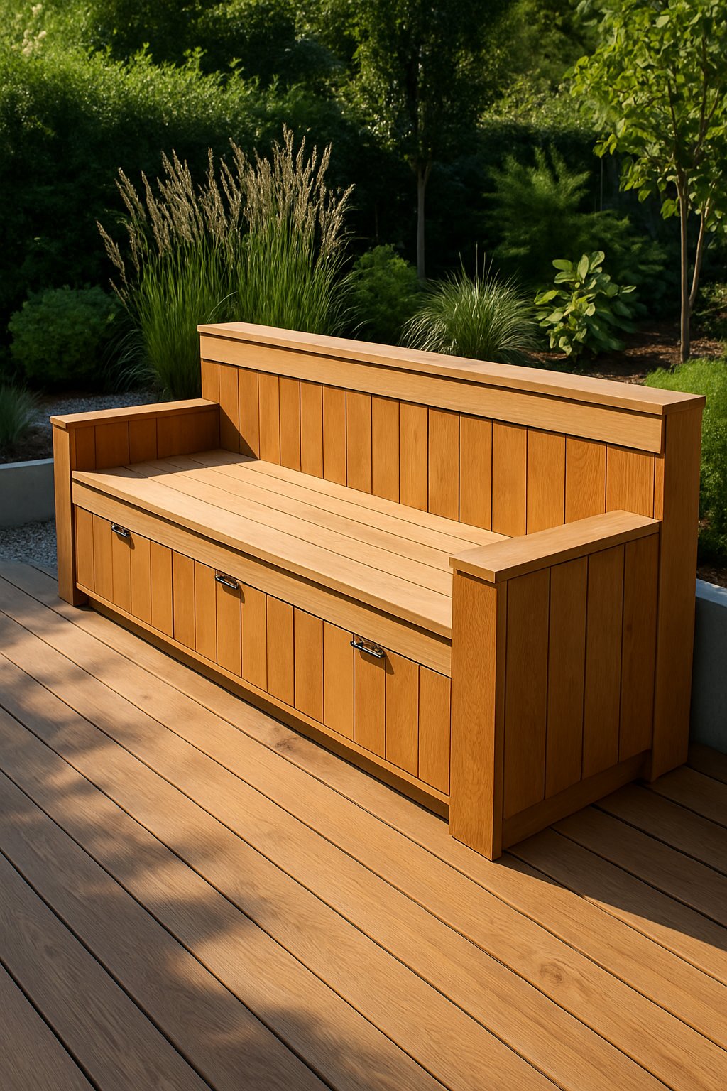An outdoor wooden deck with a built-in bench that has storage compartments, surrounded by greenery and natural landscaping.