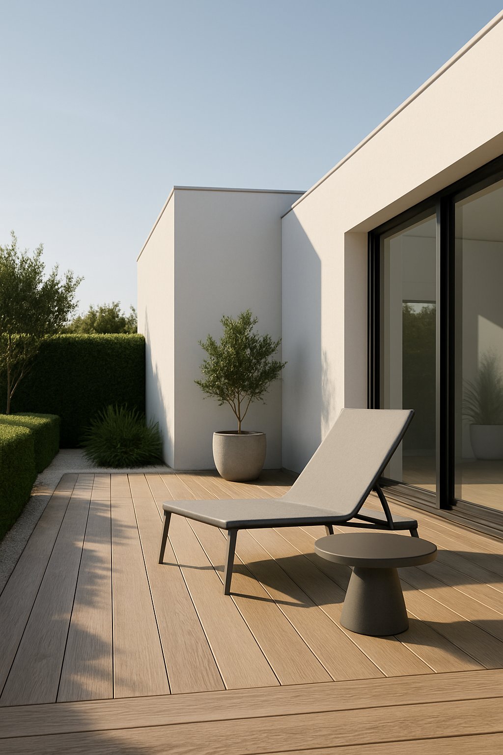 A modern outdoor wooden deck with minimalist furniture and plants, set next to a contemporary house under a clear sky.