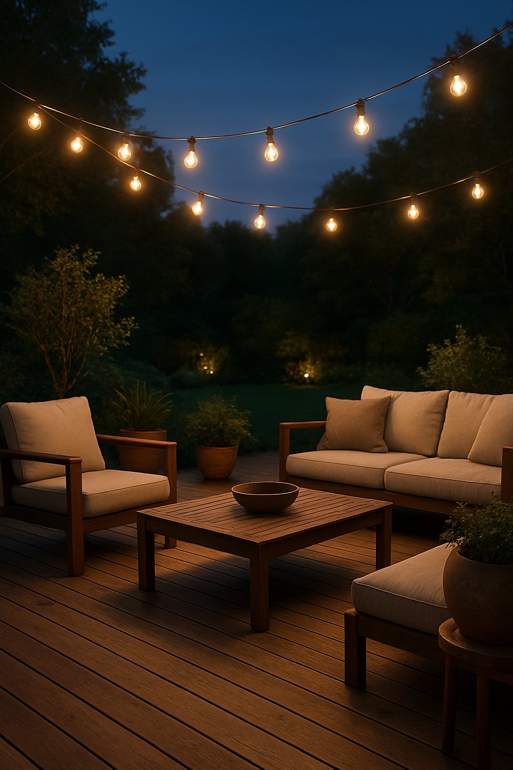 An outdoor wooden deck with string lights overhead, furnished with chairs and plants, surrounded by a garden.