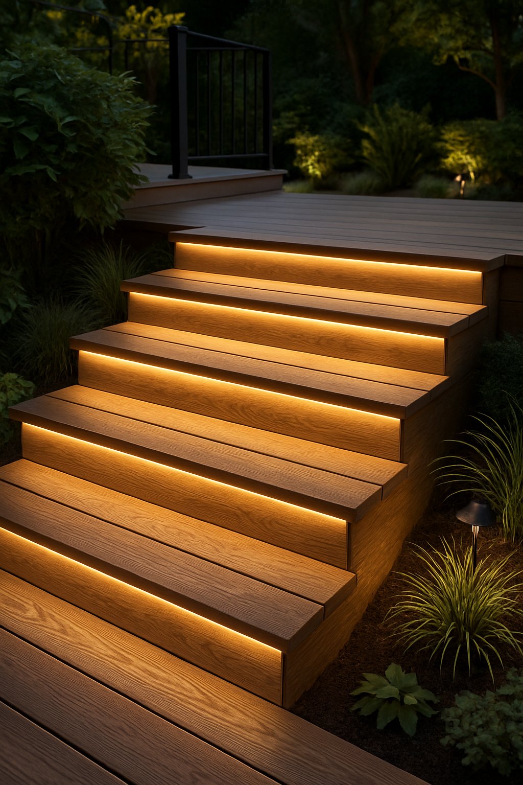 Outdoor wooden deck stairs with built-in LED lighting glowing softly along each step, surrounded by plants.