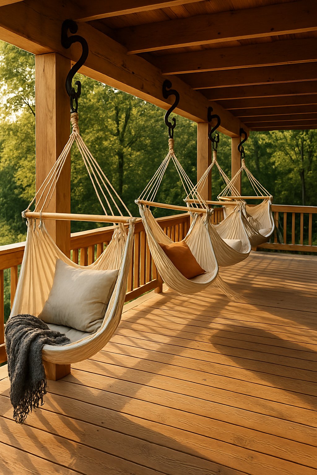 A wooden deck with multiple hammock hooks holding hammocks, surrounded by trees and greenery in an outdoor setting.