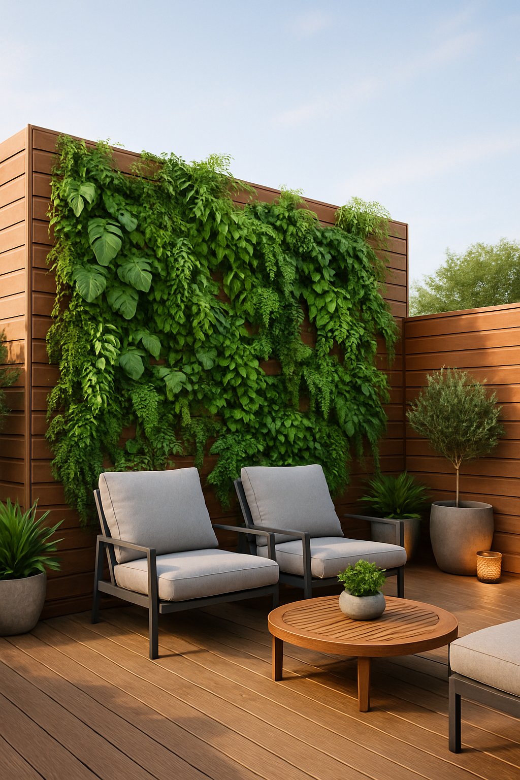 Outdoor wooden deck with a privacy screen covered in a vertical garden of green plants and outdoor furniture.