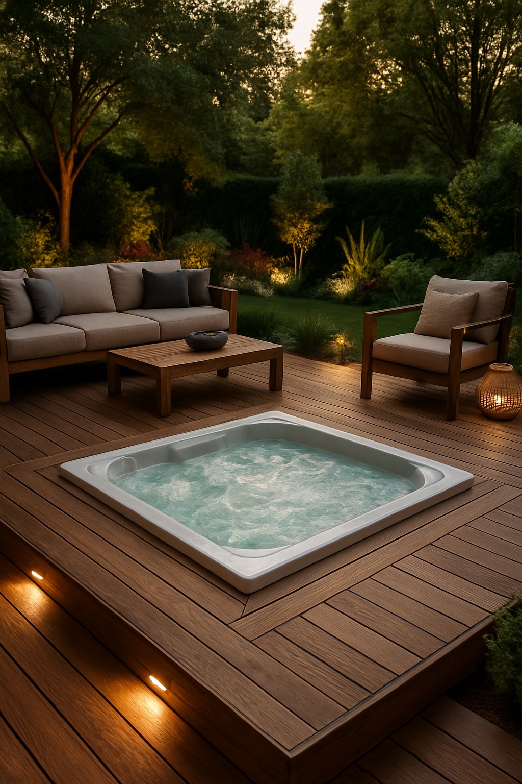 Outdoor wooden deck with a built-in hot tub surrounded by seating and greenery in a backyard setting.
