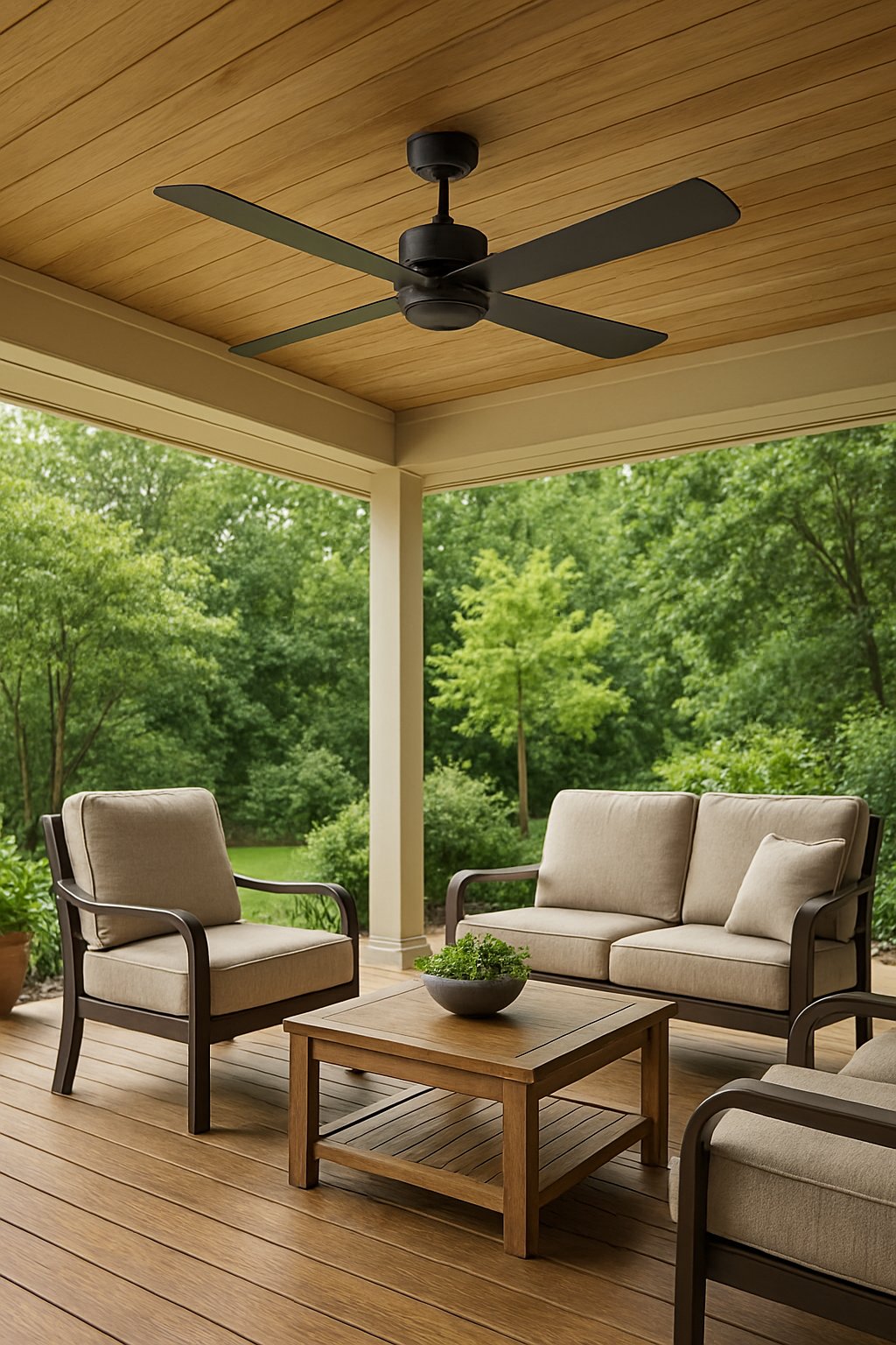 A covered outdoor deck with a ceiling fan, wooden flooring, cushioned chairs, and surrounding greenery.
