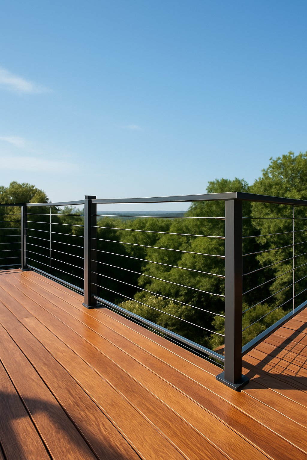 A wooden outdoor deck with metal cable railings overlooking a green landscape under a clear blue sky.