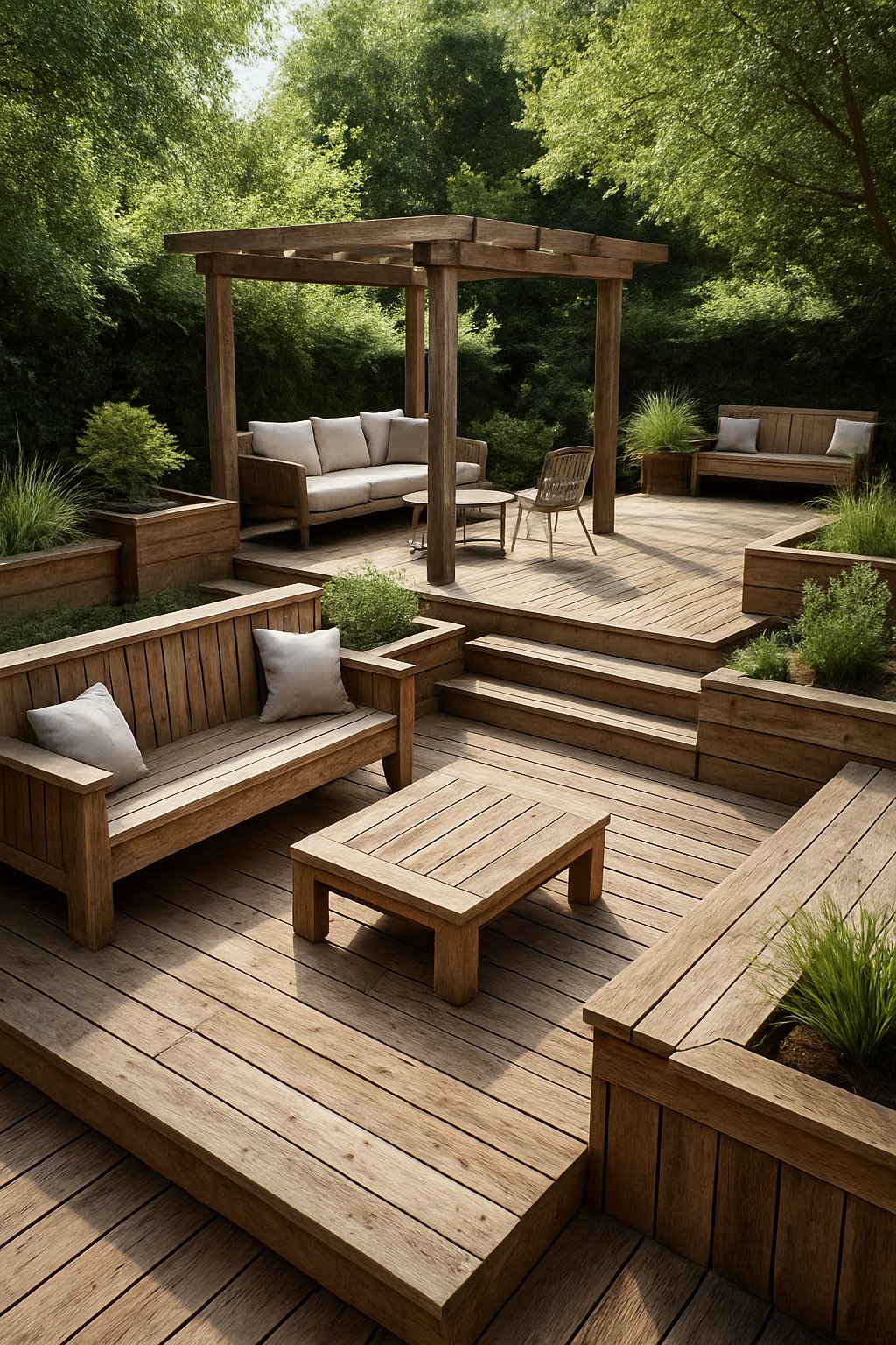 A large outdoor deck made from reclaimed wood with multiple seating areas, planters, and pergolas surrounded by green plants in a backyard.