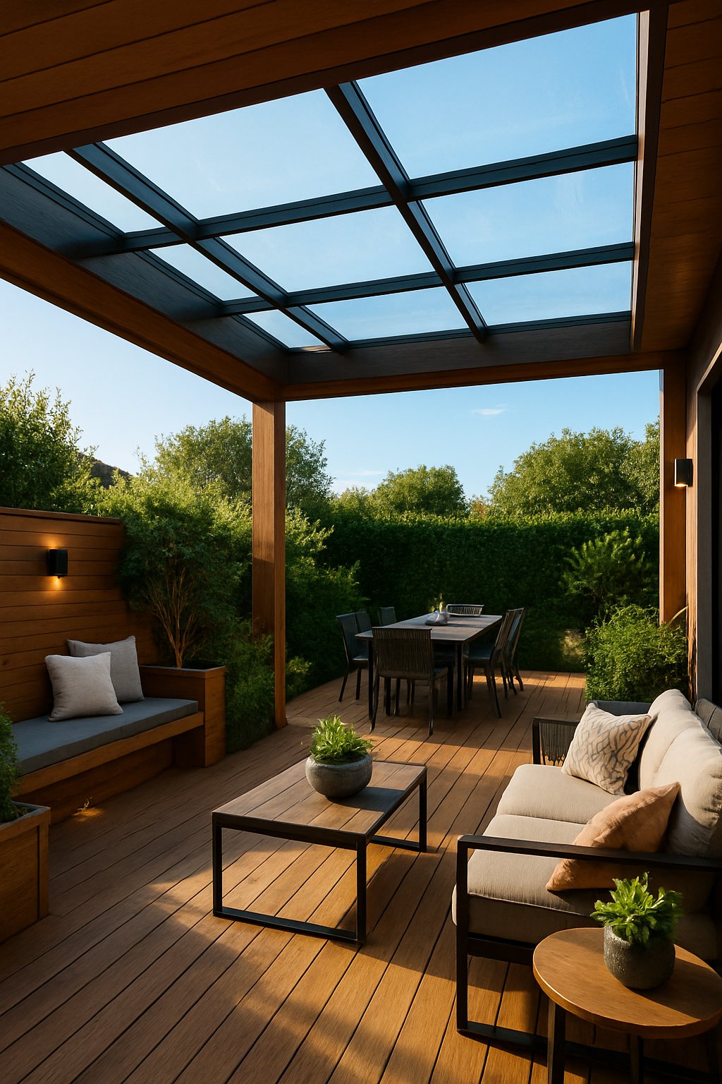 A spacious wooden outdoor deck with a glass skylight pergola, surrounded by plants and outdoor furniture in a garden setting.