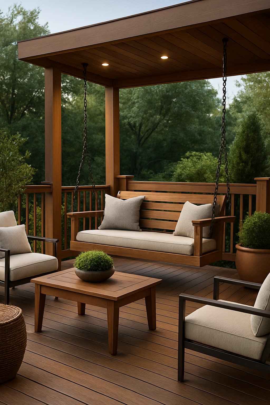 A spacious outdoor wooden deck with a built-in deck swing, surrounded by furniture, plants, and greenery.