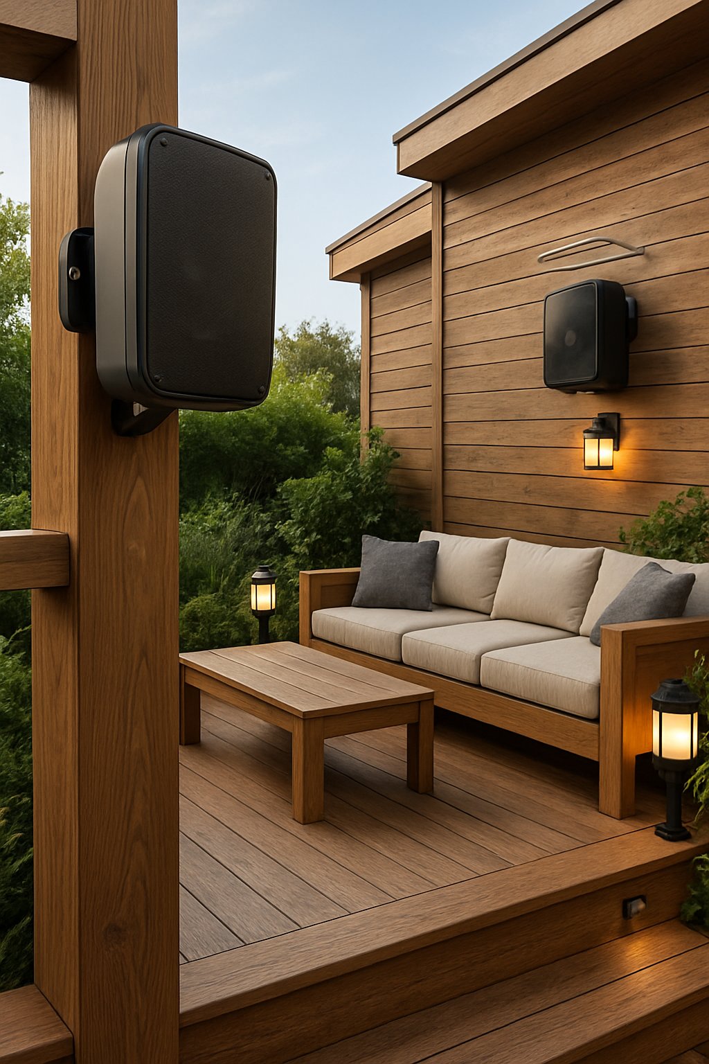 A modern outdoor wooden deck with integrated outdoor speakers, comfortable seating, ambient lighting, and surrounding greenery under a clear sky.