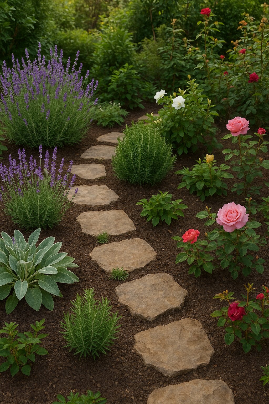 A home sensory garden filled with fragrant and textured plants including lavender, lamb's ear, rosemary, gardenias, and roses arranged naturally with stone paths and soil.