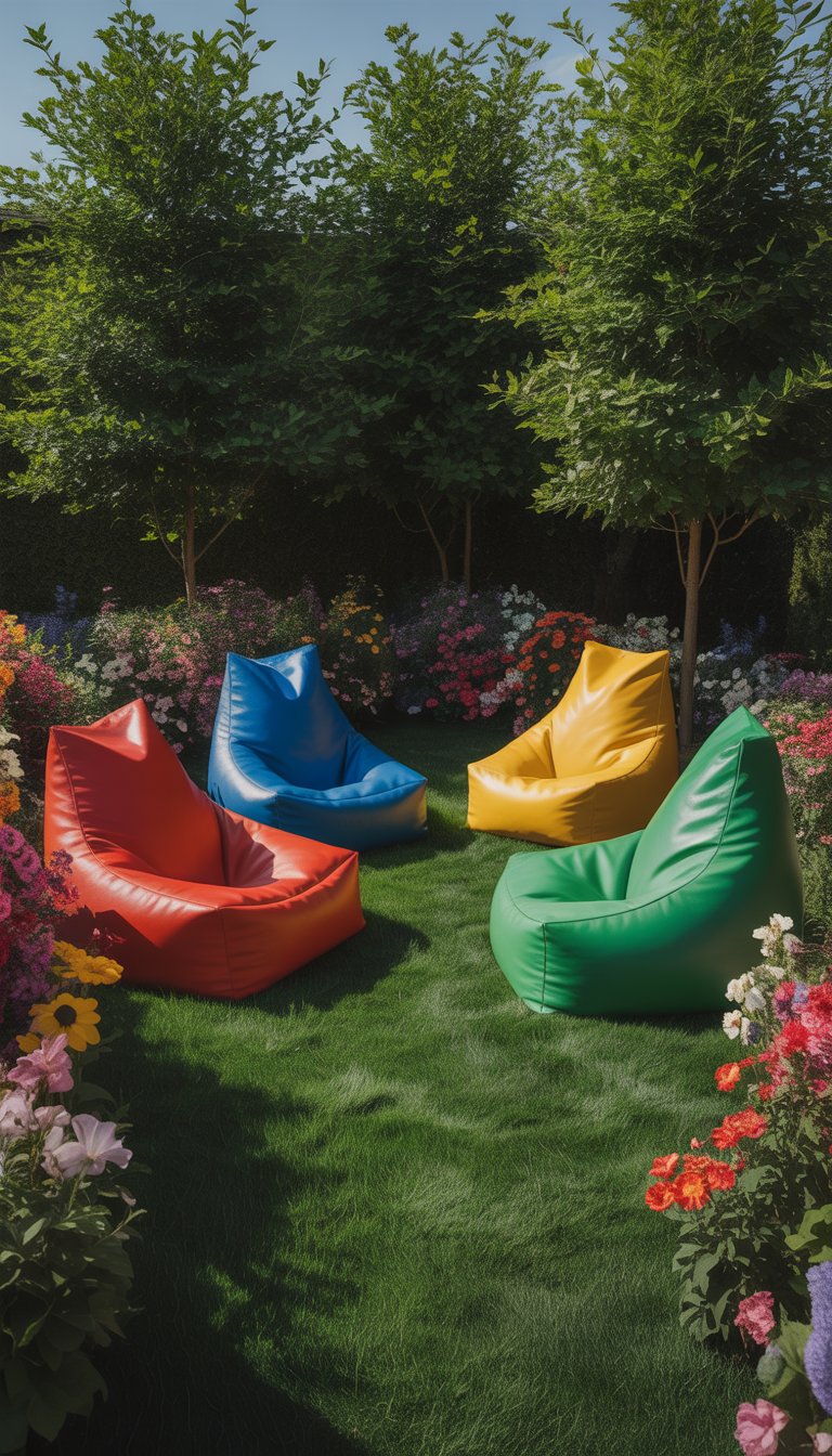 An outdoor garden with 4 colorful bean bag chairs arranged on green grass surrounded by flowers and trees.