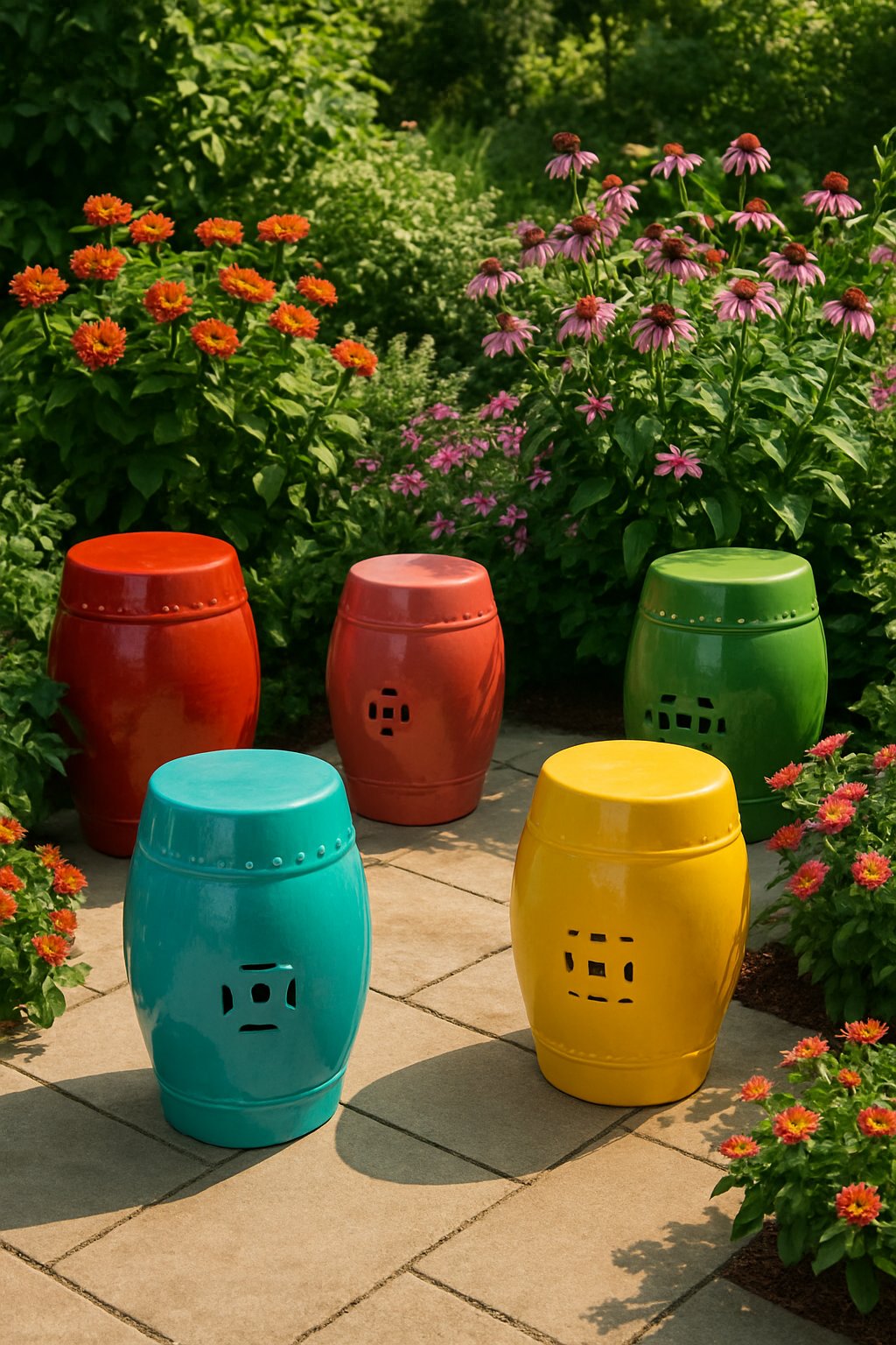 A garden patio with a variety of brightly painted garden stools arranged among green plants and colorful flowers.