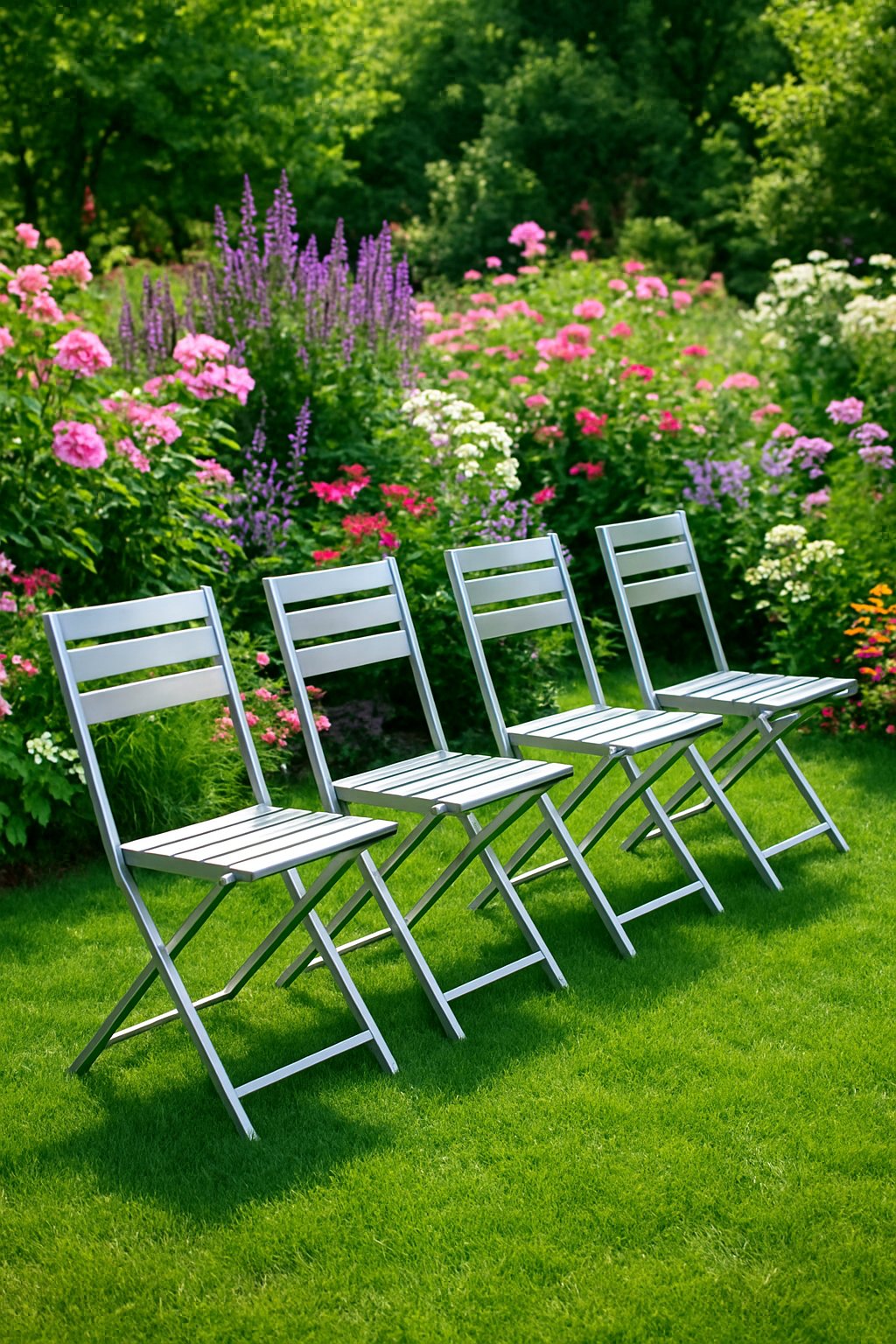 A garden scene with 5 modern aluminum folding chairs arranged on green grass among flowering plants