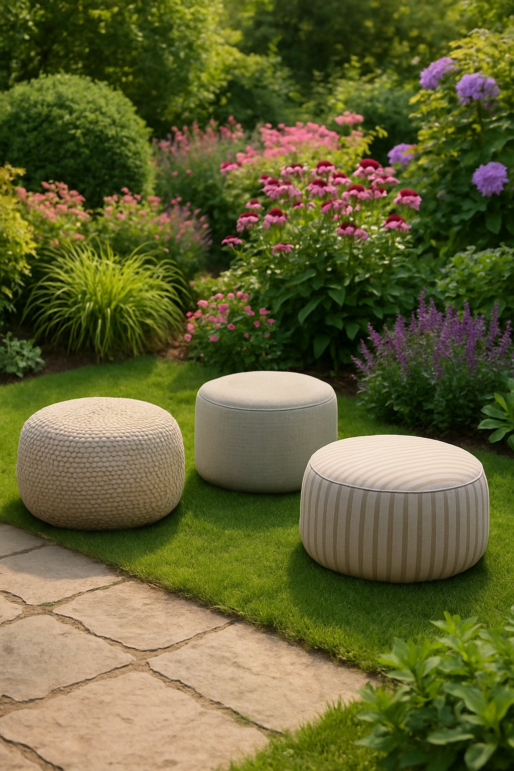 A garden scene with 3 poufs arranged for casual seating on grass and stone patio, surrounded by plants and flowers.