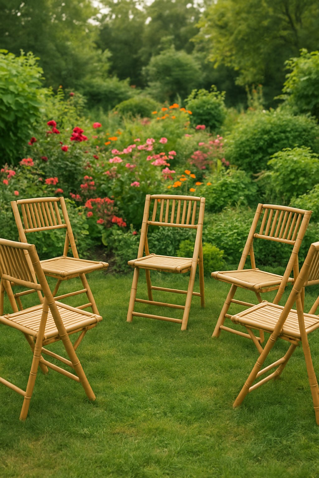 A garden scene with 5 foldable bamboo chairs arranged among greenery and flowers, creating a peaceful outdoor seating area.