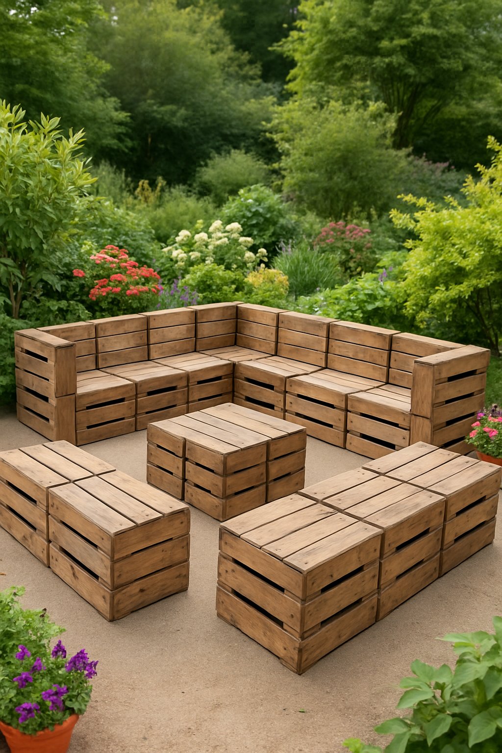 A large outdoor garden seating area made from repurposed wooden crates arranged to seat 10 people, surrounded by green plants and flowers.