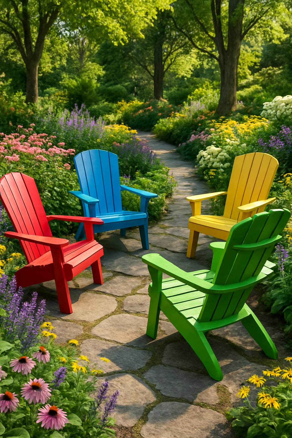 A garden with 4 colorful Adirondack chairs arranged among flowers and trees on stone pathways