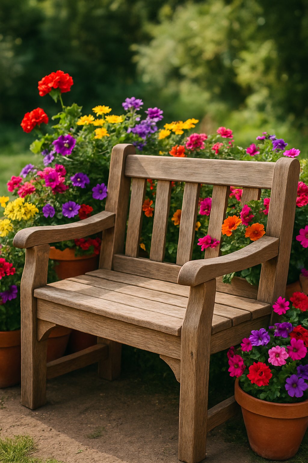 A rustic wooden bench surrounded by colorful flower pots in a garden.