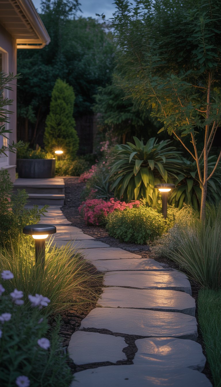 A home garden at early evening with realistic plants and flowers illuminated by warm glowing solar garden lights along a stone pathway.