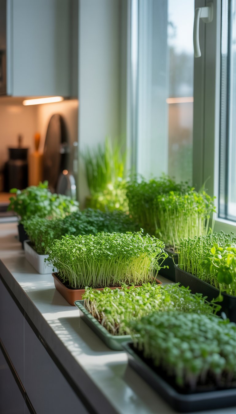 A windowsill filled with different varieties of fresh microgreens growing in small pots and trays, illuminated by sunlight in a modern kitchen.