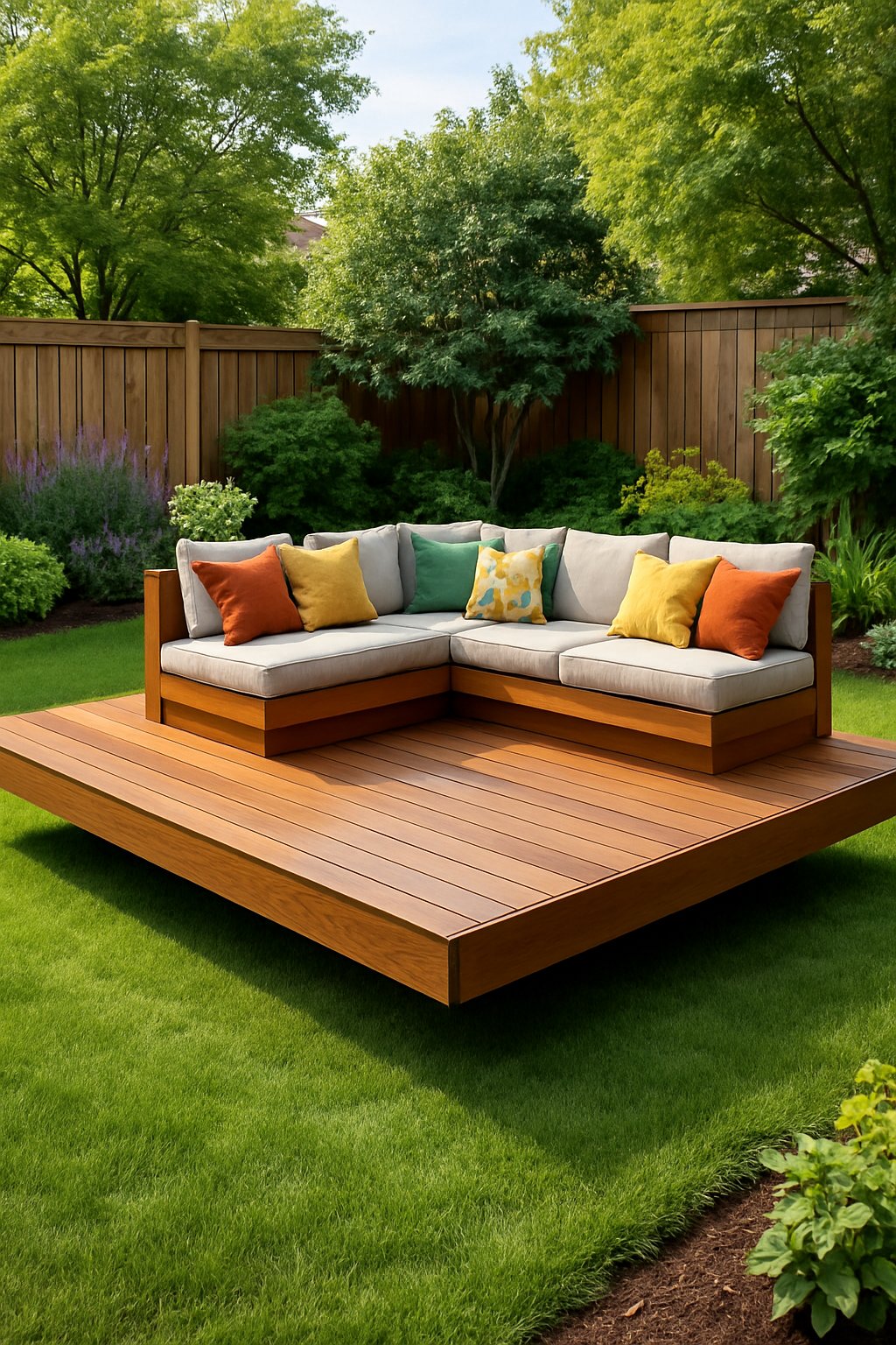 Floating deck with built-in seating