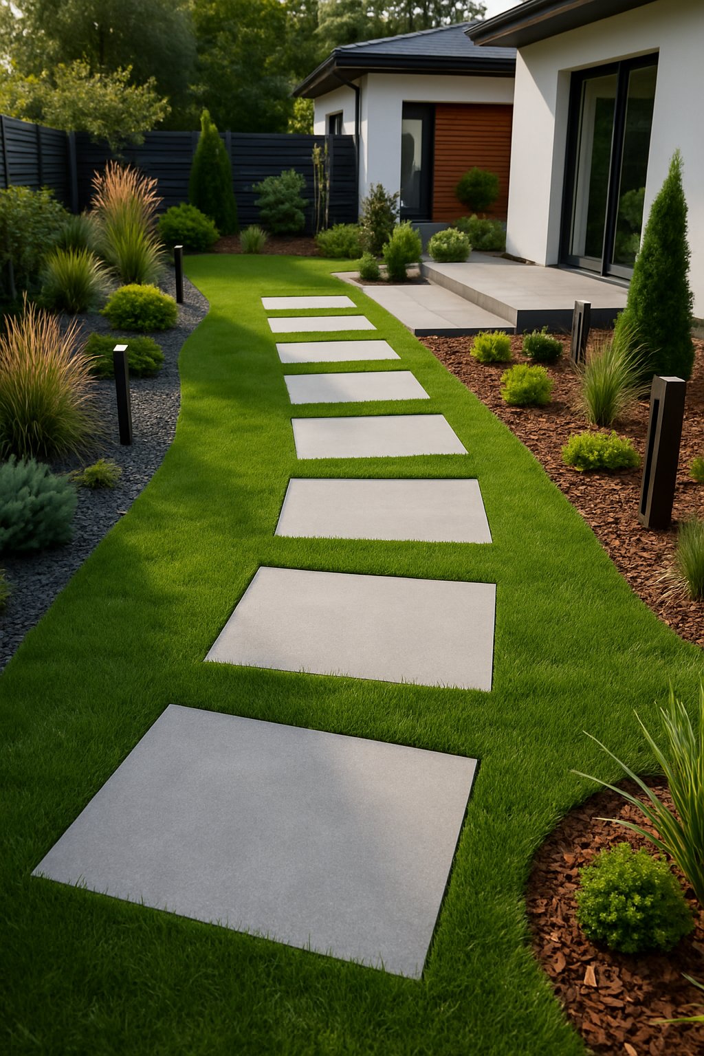 A modern backyard with sleek stone pathways winding through green grass and garden plants.