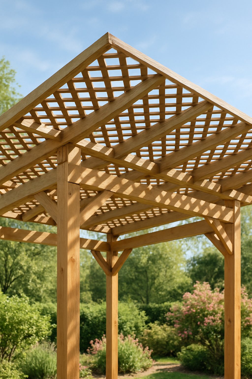 A wooden pergola with a lattice roof in an outdoor garden surrounded by plants and sunlight filtering through.