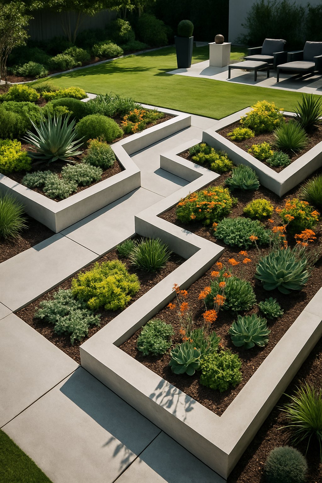 A modern backyard with geometric garden beds filled with plants and flowers, surrounded by clean pathways and outdoor furniture.