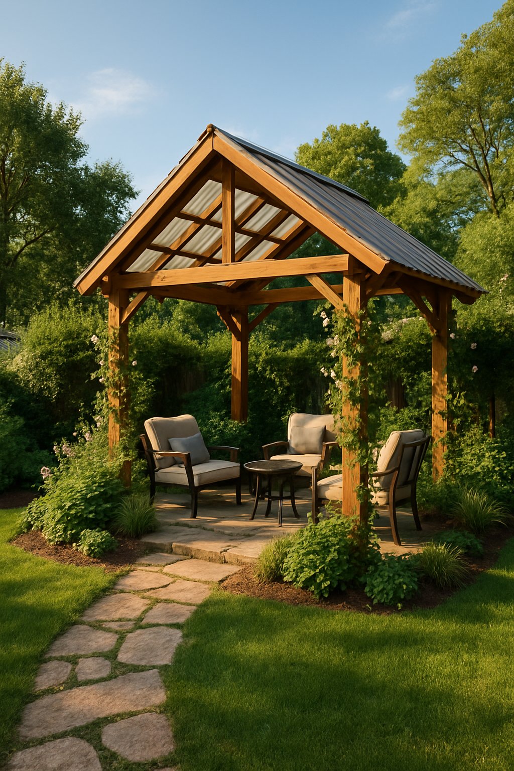 A wooden pergola with a pitched roof surrounded by plants and outdoor furniture in a garden.