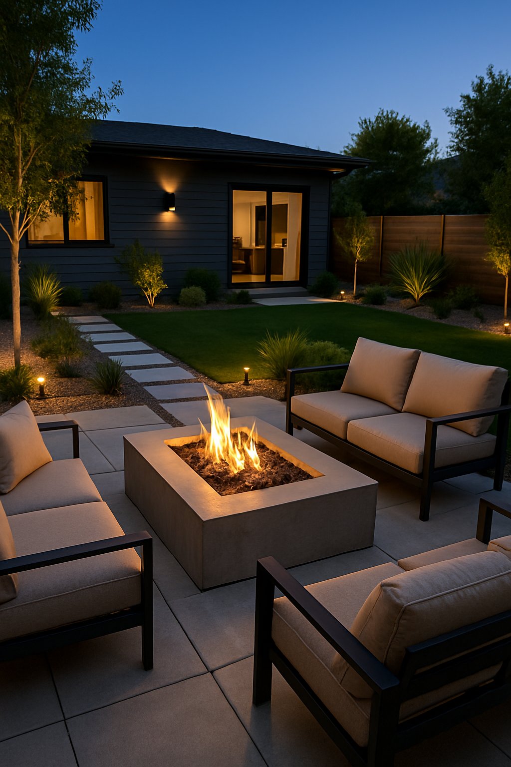 A modern backyard with a built-in fire pit surrounded by seating and landscaping, showing a cozy outdoor space with a fire burning.