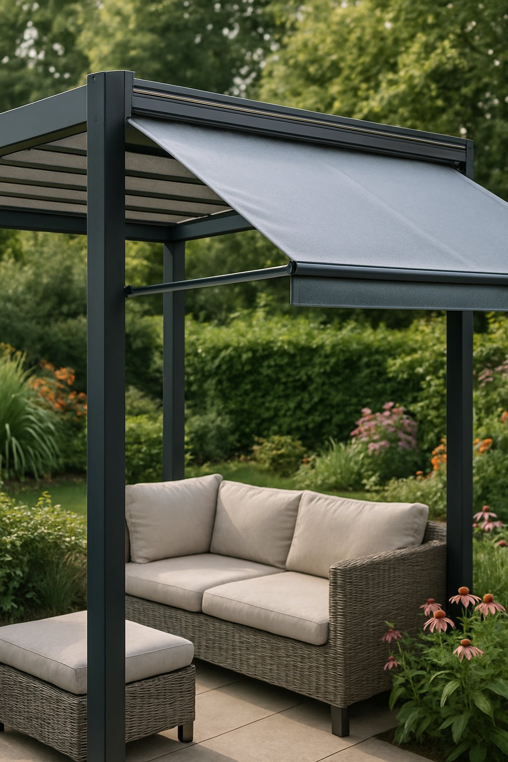 Outdoor pergola with a partially extended retractable waterproof fabric roof over a seating area surrounded by green plants and flowers.