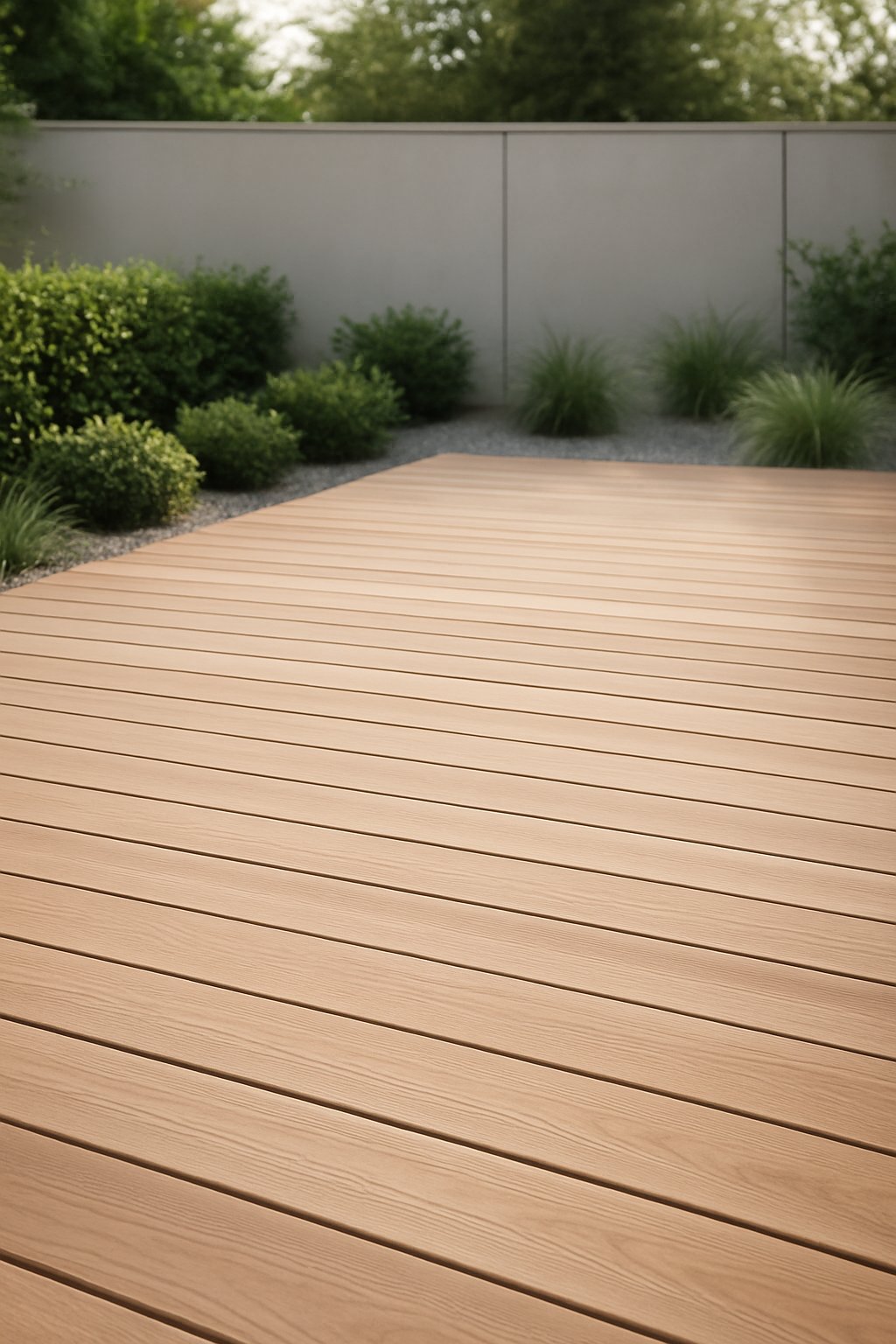 A wooden deck in a backyard surrounded by green plants and a modern fence under natural daylight.