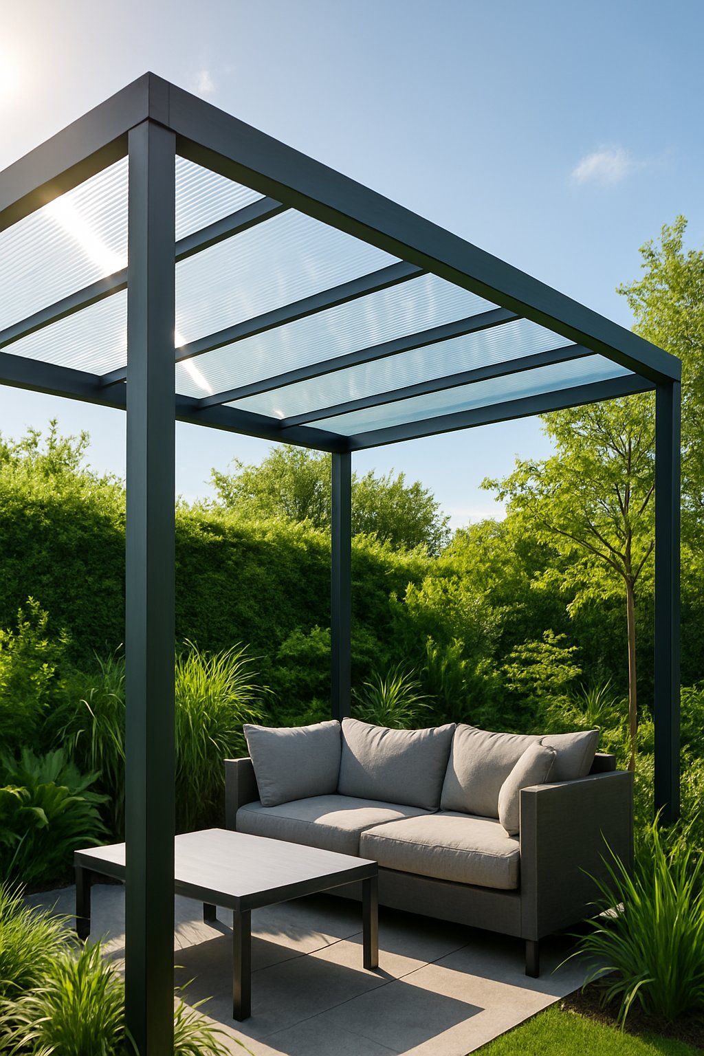 Outdoor pergola with a clear polycarbonate roof letting in sunlight, surrounded by greenery and outdoor furniture.