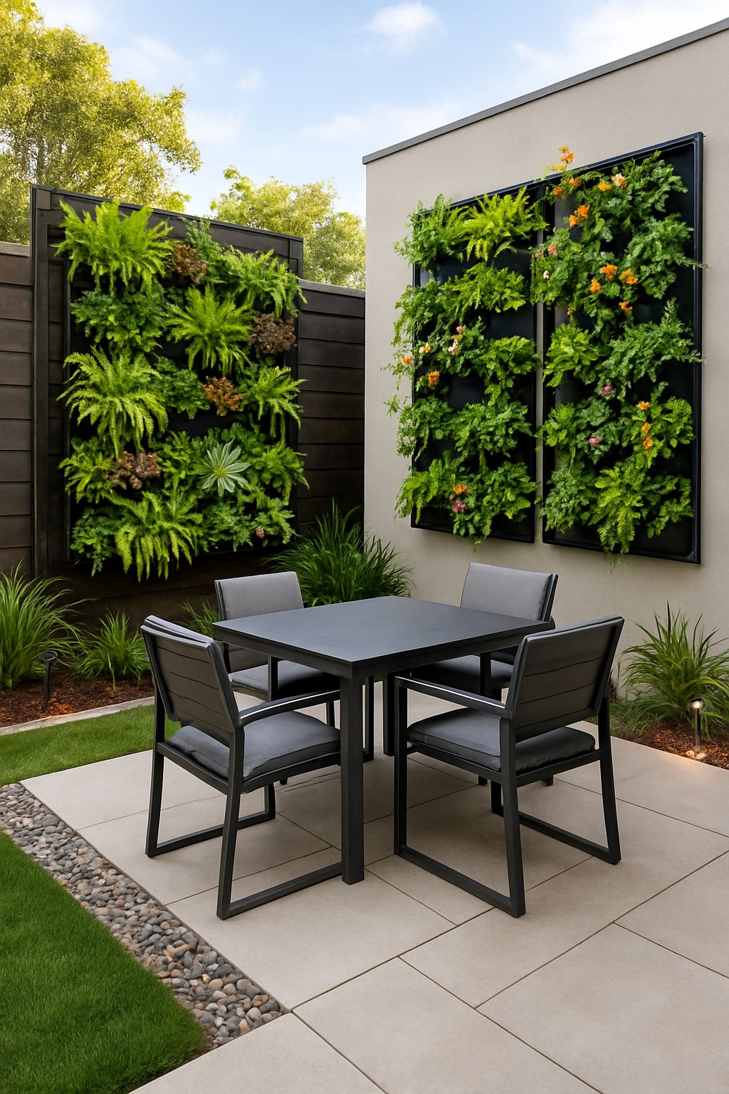 A modern backyard with vertical gardens on walls, outdoor seating, and decorative landscaping elements.