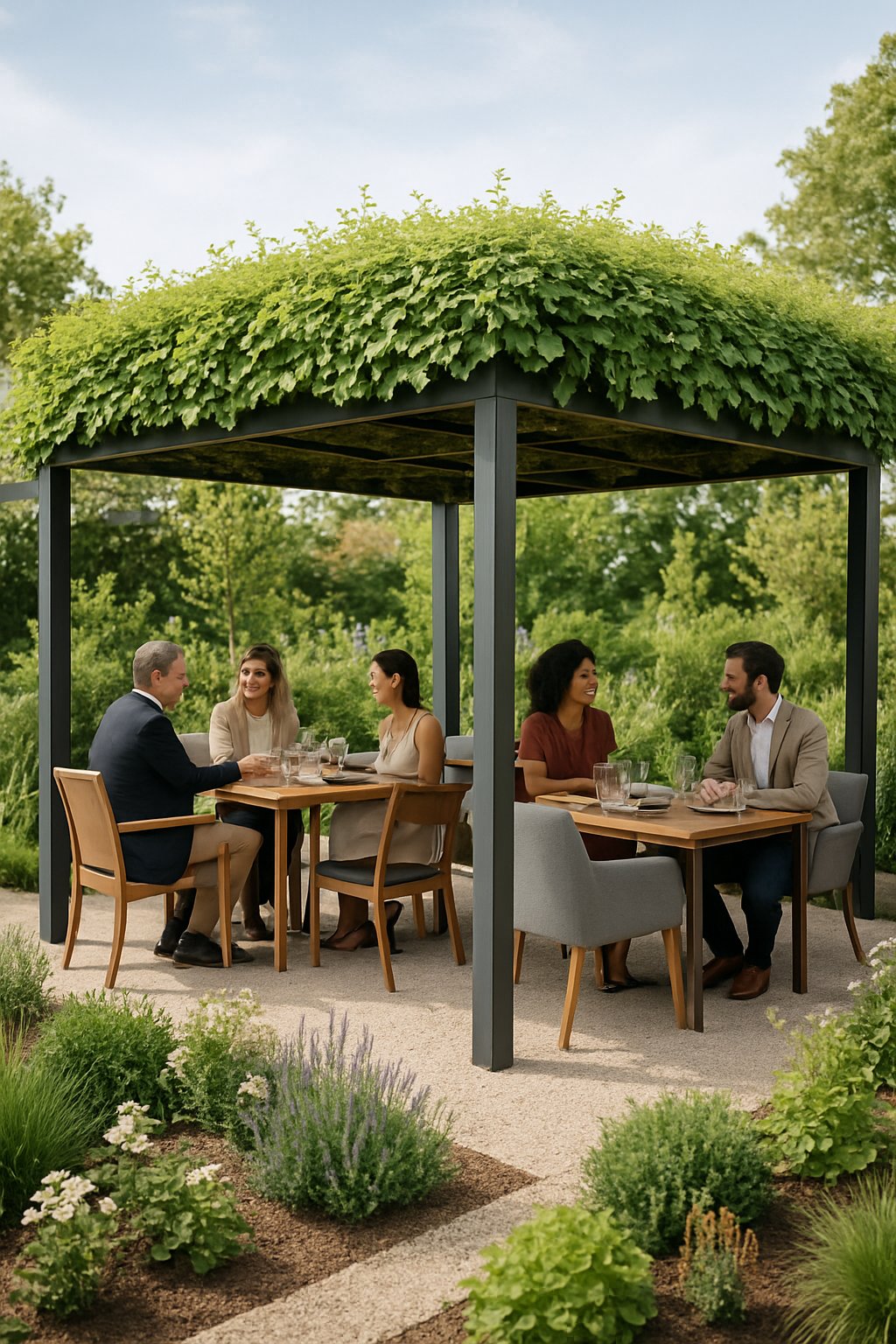 A garden party under a pergola with a roof covered in green leaves, surrounded by plants and outdoor furniture.
