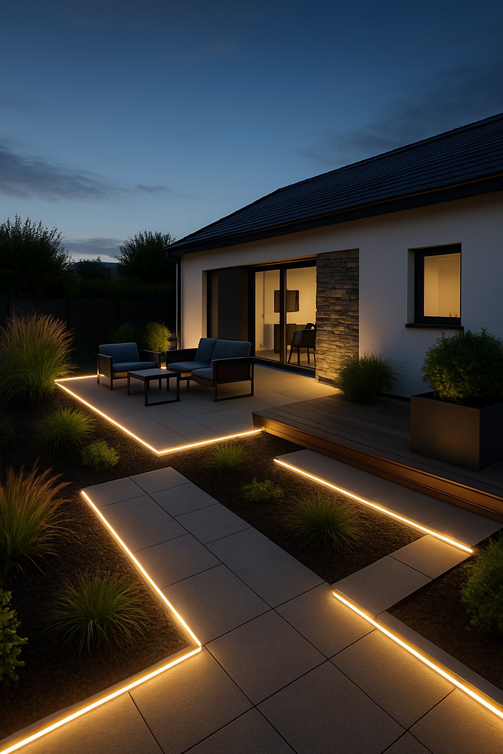 A backyard patio at dusk with solar LED strip lights illuminating pathways and landscaping around modern plants and outdoor furniture.
