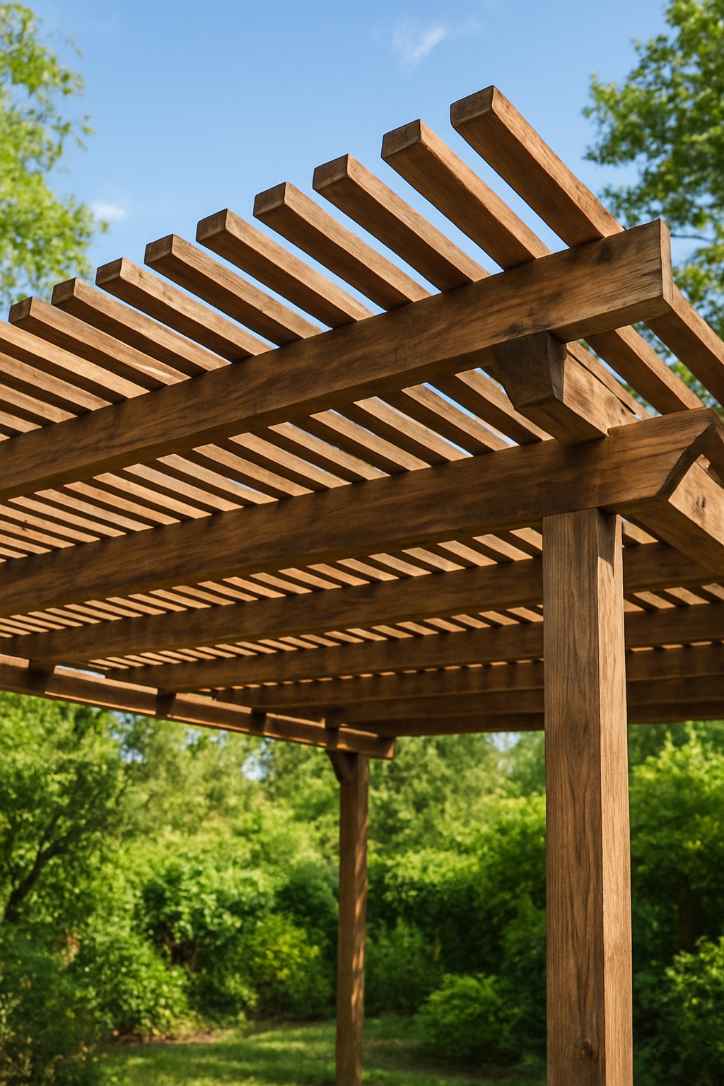 A wooden slat pergola roof providing shade in a garden with greenery and sunlight filtering through the slats.