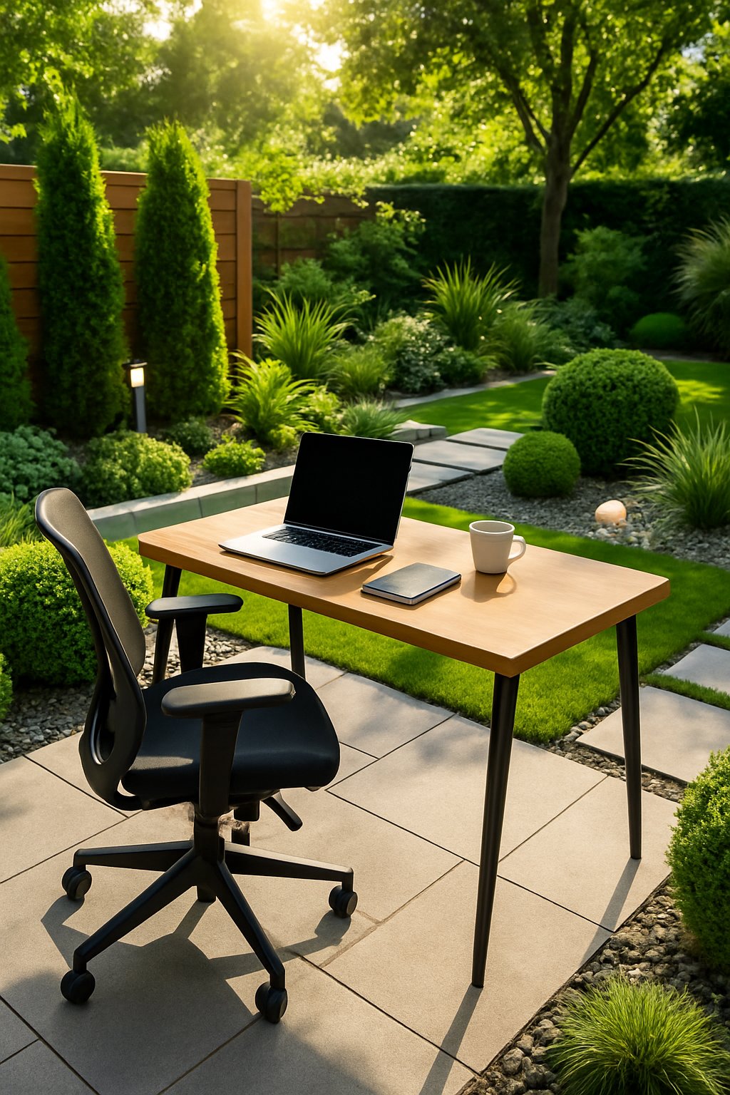 A backyard with ergonomic outdoor furniture set up for working, surrounded by plants and modern landscaping.