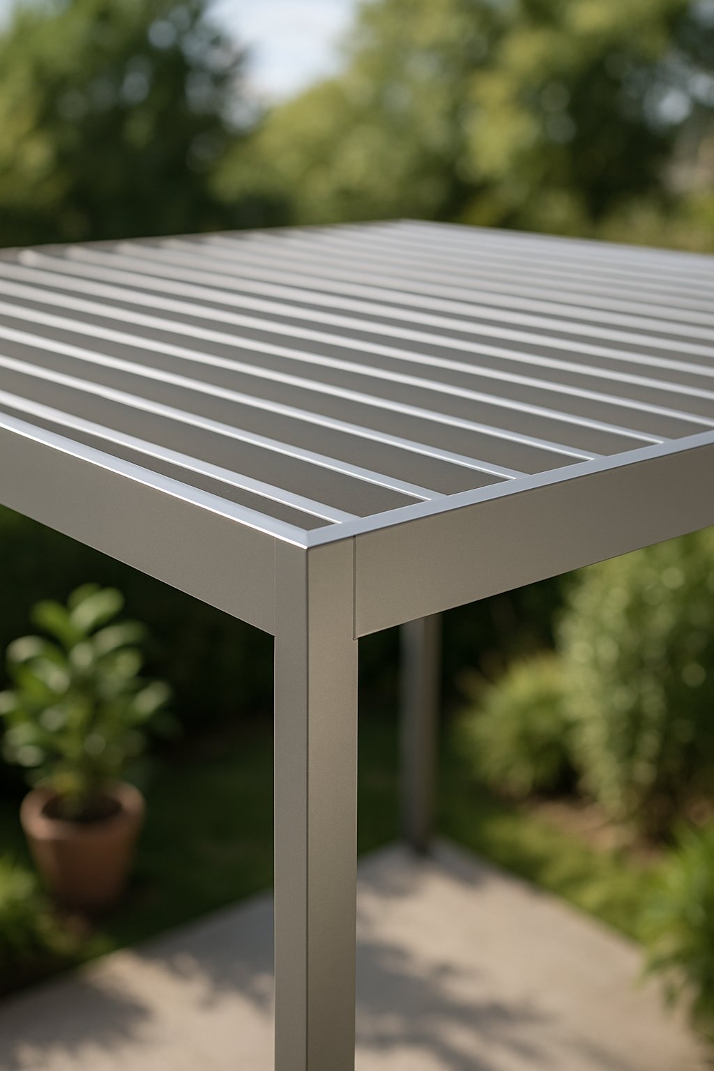 A modern aluminum pergola roof with evenly spaced slats, set outdoors with plants around it.