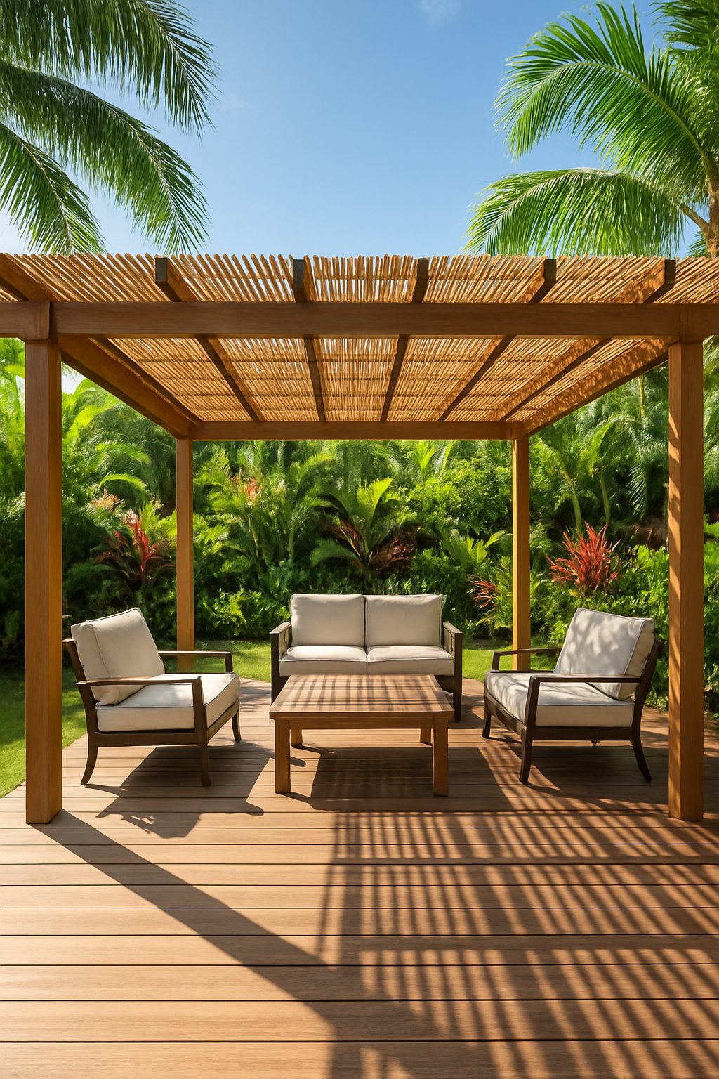 A backyard with a large pergola covered by a bamboo roof surrounded by tropical plants and outdoor furniture.
